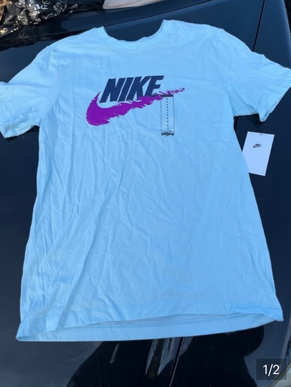 Nike Light Blue Tee with Black Logo and Magenta Swoosh
